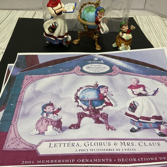 Hallmark LETTERA, GLOBUS & MRS. CLAUS Collectors Club 2001 Ornaments No Damage - Picture 2 of 6